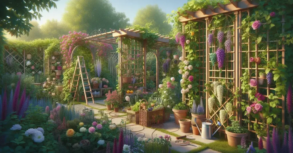 A backyard garden with a variety of climbing vines growing on different types of trellises