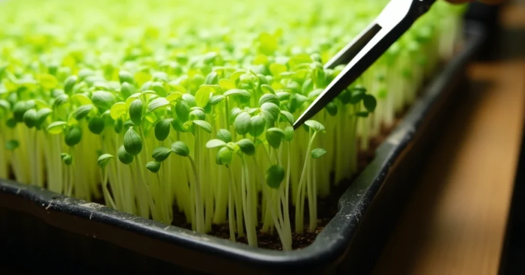 A close-up view of a shallow black plastic tray filled with lush, vibrant green microgreens
