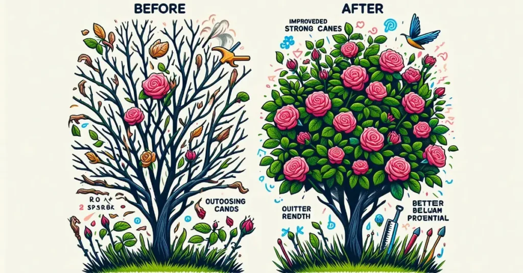 A colorful before-and-after illustration of a rose bush