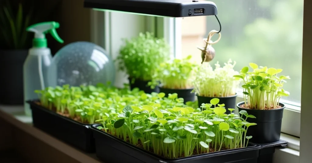 A cozy indoor kitchen windowsill setup with small pots