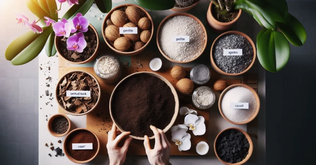 A gardener mixing orchid soil components on a table