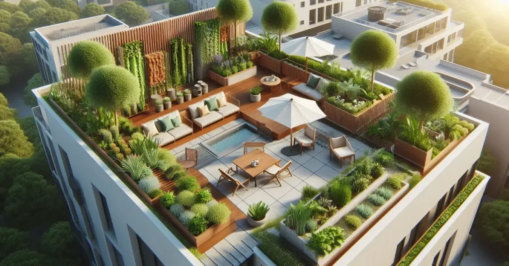 A rooftop garden with a mix of seating areas and small trees
