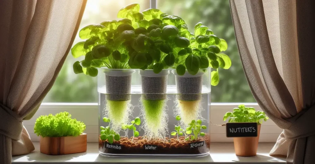 A simple hydroponic setup on a windowsill with leafy greens