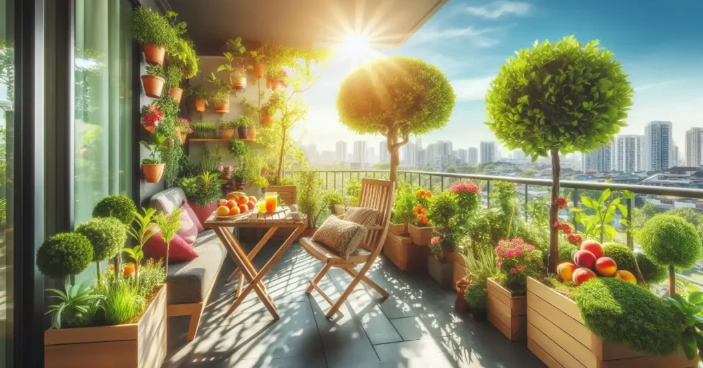 A small patio garden with dwarf fruit trees in containers