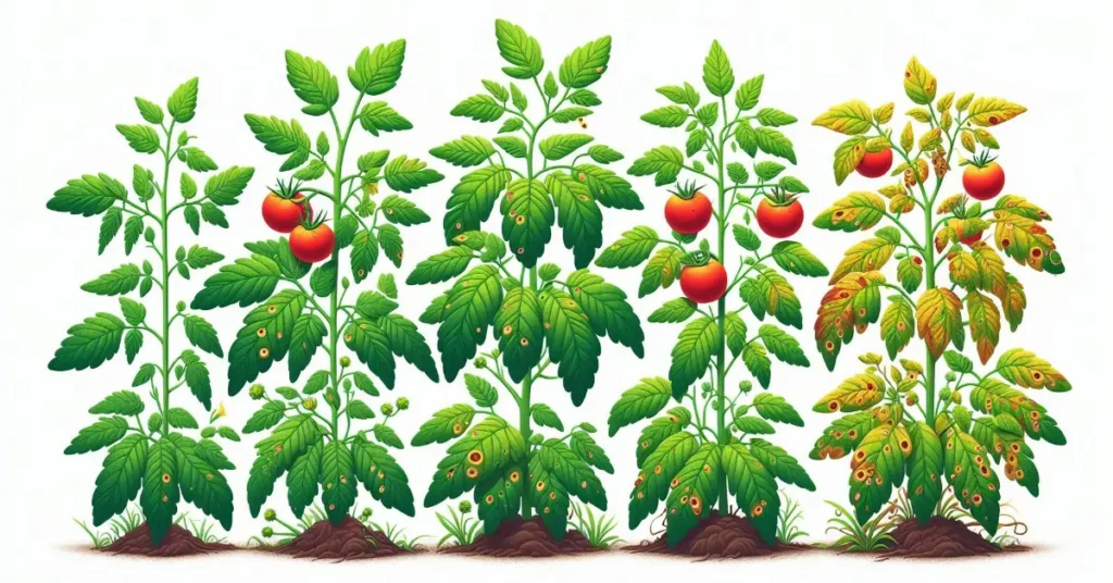 A variety of tomato plants with healthy and diseased leaves