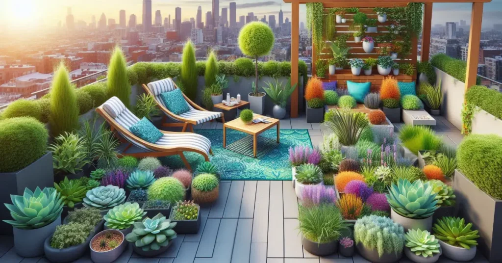 A vibrant rooftop garden featuring a variety of plants