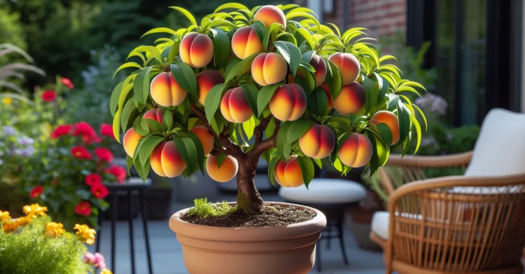 Close-up view of a dwarf peach tree in a container on a patio