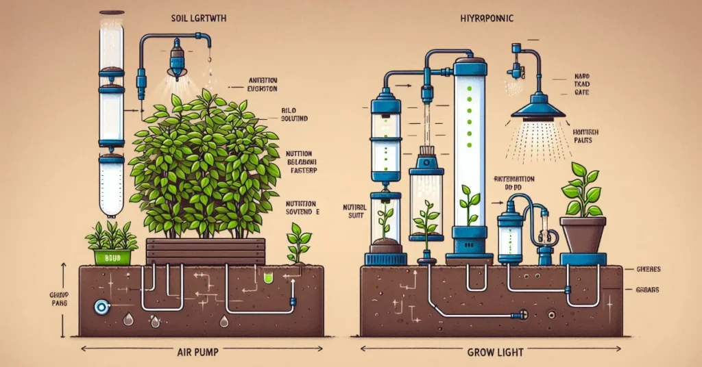 Comparison between traditional soil gardening on one side and a small hydroponic system on the other.