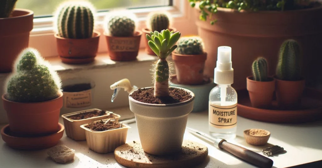 Freshly cut stem placed in a small pot with cactus mix