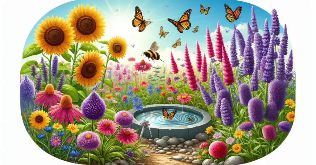 Illustration of a vibrant, pollinator friendly garden