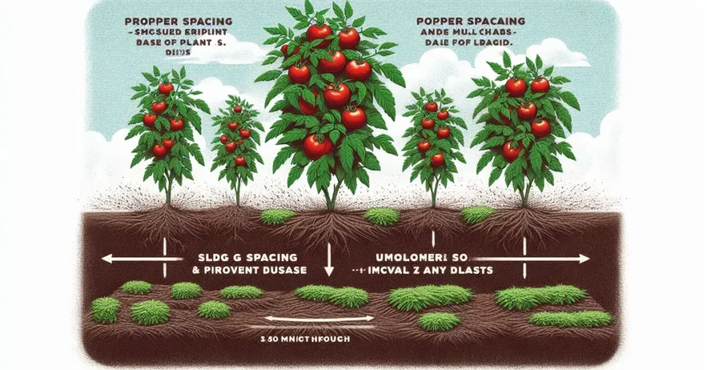 Proper tomato plant spacing with mulch around the base of the plants