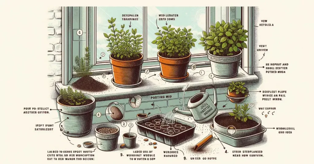 diagram showing how to plant herbs in containers for a windowsill garden