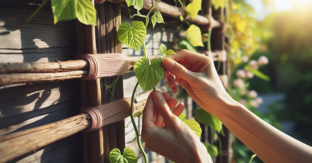 gently tying a young vine stem to a wooden trellis using a soft plant tie.