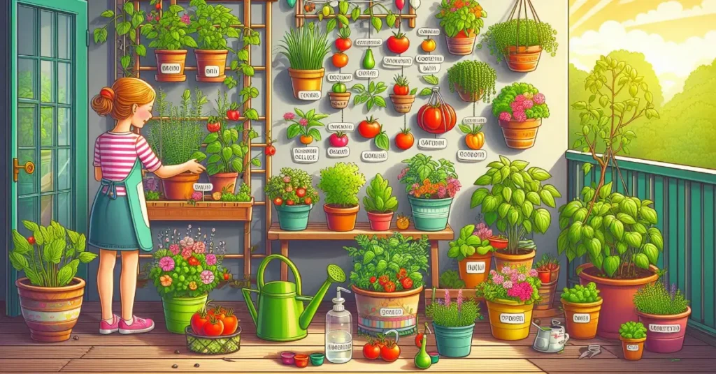 illustration of a small container garden on a sunny balcony