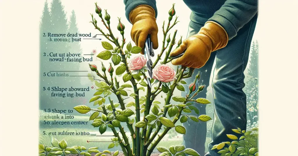 illustration showing a gardener in gloves pruning a rose bush