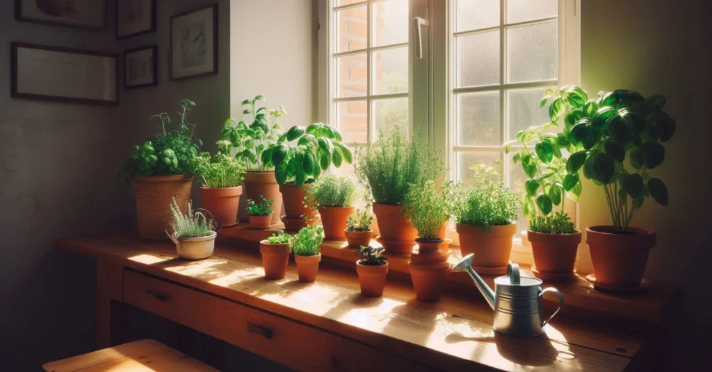 indoor kitchen scene with a sunny south-facing window