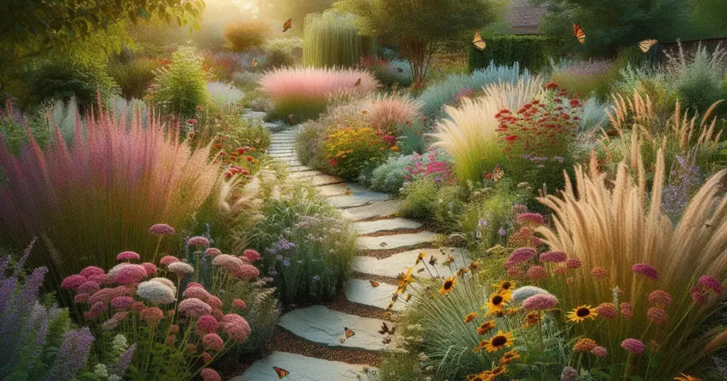 serene native plant garden with colorful wildflowers
