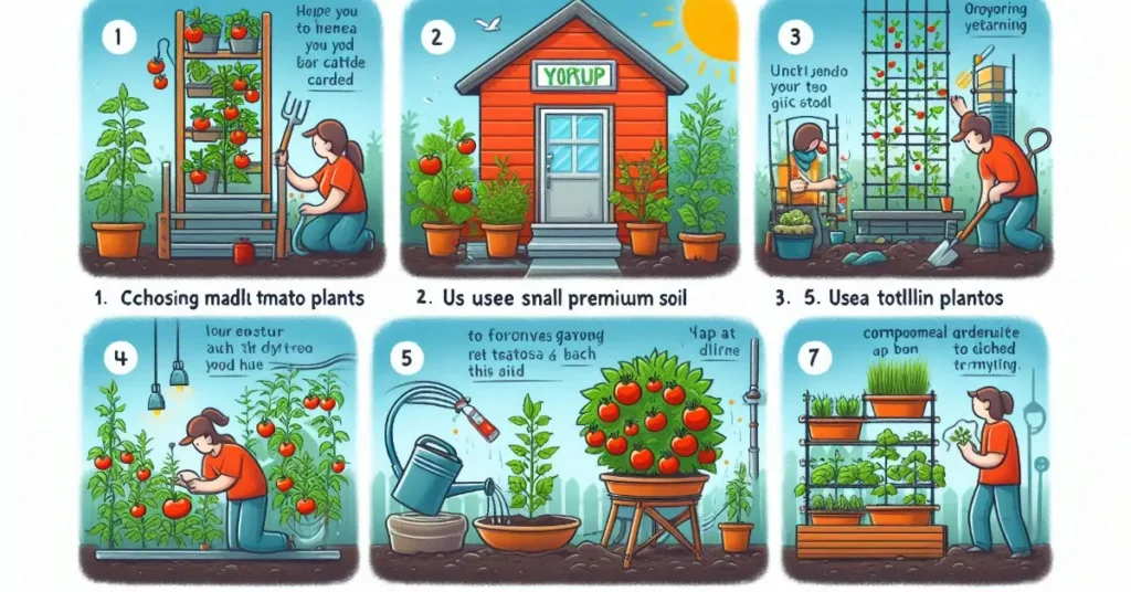 visual guide showing the top 5 tips to increase yield in a small container garden