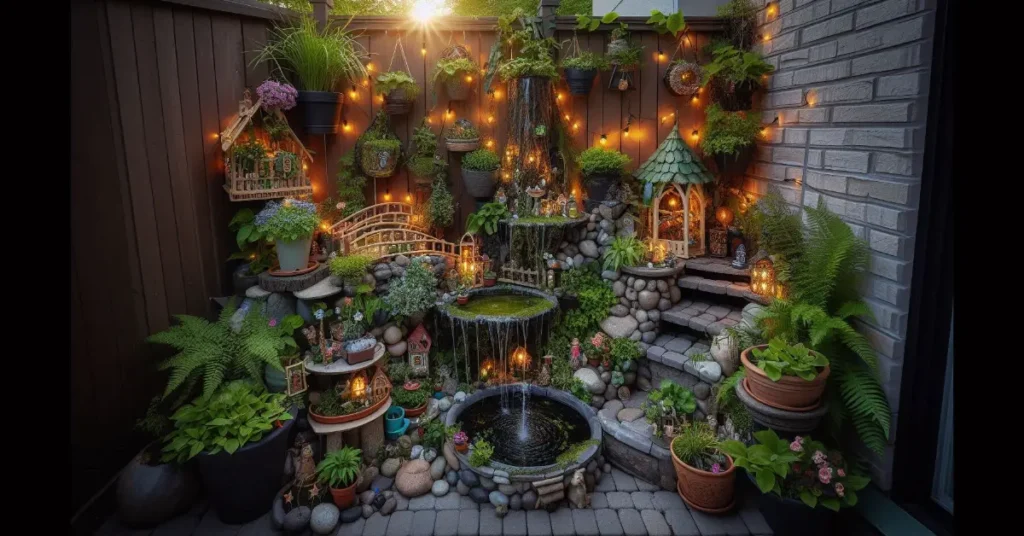 A small outdoor corner fairy garden on a patio